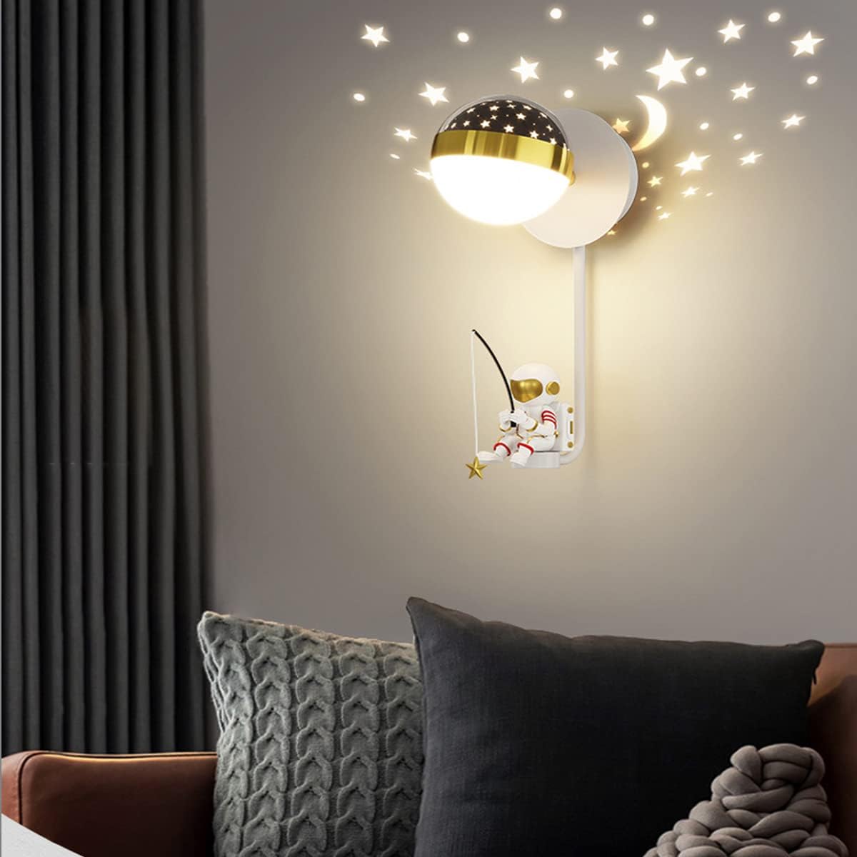 Light LED White Children's Wall Lights for Bedrooms, Indoor Wall Lamps with Spherical Projector Shade Decor Astronaut Wall Sconce Lighting Star Bedside Lamp 3 Color Temperature, 5W *2