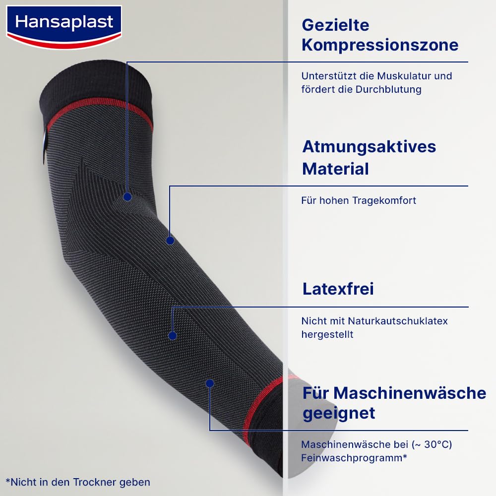 Hansaplast Sport Compression Wear Arm Sleeves, Armbandage unterstützt die Muskulatur, Ellenbogenbandage fördert mit Kompression die Muskelregenration, 1 Paar, Größe S/M