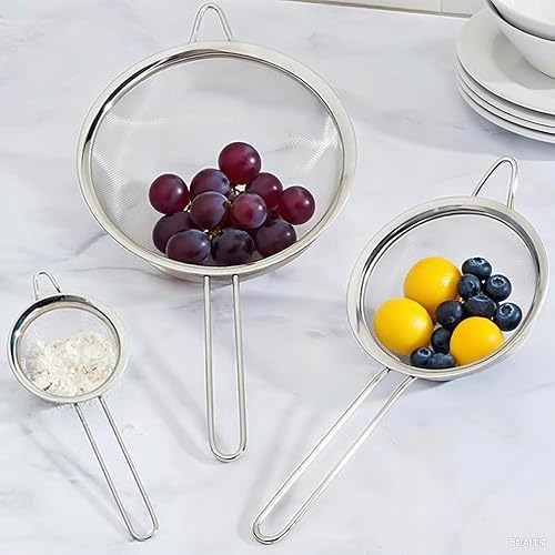 Miniatura 2 de Juego de coladores de malla fina de acero inoxidable, 3 tamaños de coladores de cocina con asas, tamiz de harina apto para lavavajillas, lavadora de