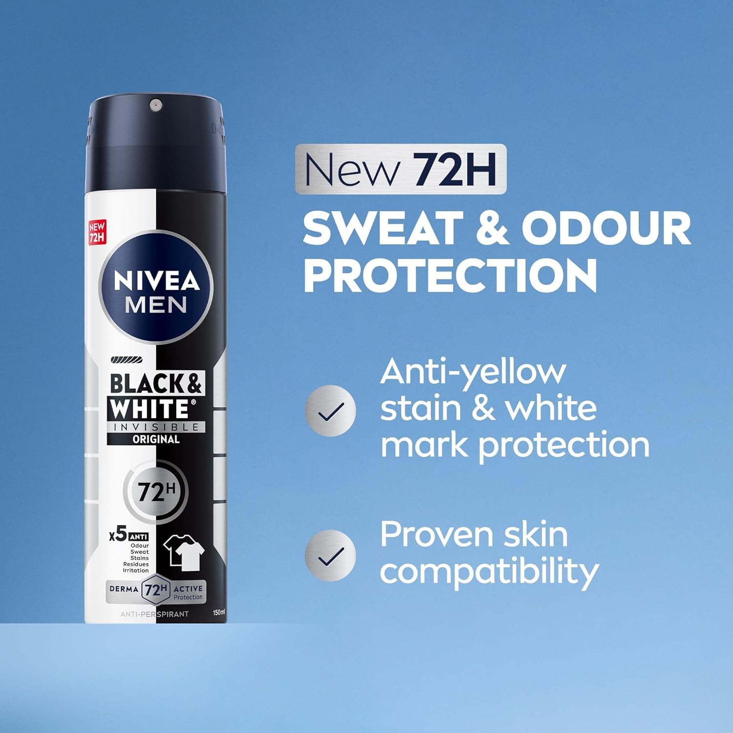 NIVEA Black & White Invisible Original Deodorant Spray 150ml – Anti-Stain 48h Body Spray that Protects Clothes from Yellow & White Marks, Quick-Drying Odour & Sweat Protection, Men & Women