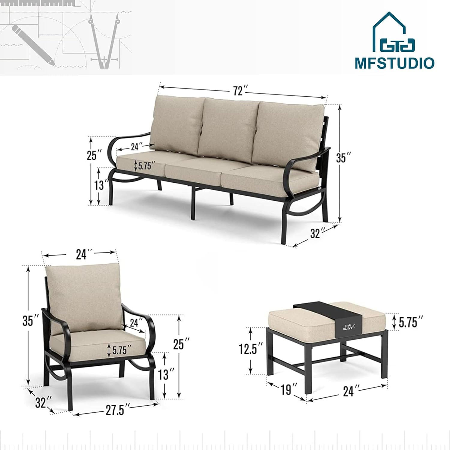 MFSTUDIO 7 Pieces Patio Conversation Sets(Up to 9 Seat),Outdoor Metal Furniture Sofas with 1 x 3-Seat Sofa, 4 Single Chairs,2 Ottoman,Wrought Iron Frame with Beige Cushion