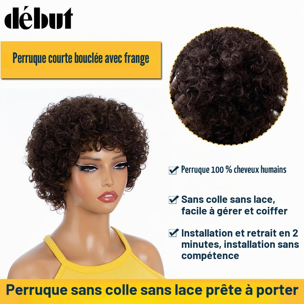 Perruque Bouclée avec 100% Cheveux Naturels - Perruque Afro Bouclée avec Coupe Pixie - Cheveux Remy Brésiliens (20 cm, 4)