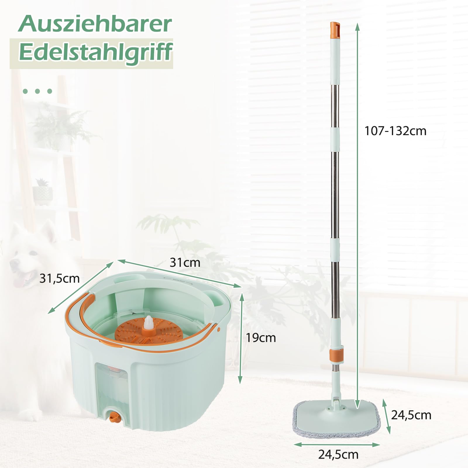 COSTWAY Wischmopp und Eimersystem mit Auswringfunktion, Abwassertrennung, 360° Drehmoppkopf & 2 Mikrofaser-Pads, Flacher Bodenwischer für Nass- und Trockenreinigung (Grün + 6 Pads)