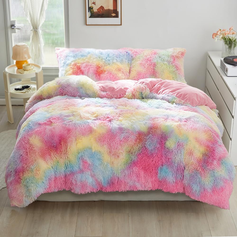 Winter Plüsch Bettwäsche 135x200 Regenbogen Bunt Plüsch Langhaar Bettbezug Set Weich Kuschelig Flauschige Bettwäsche 2 Teilig für Kinder Mädchen mit Reißverschluss und 80x80 cm Kissenbezug