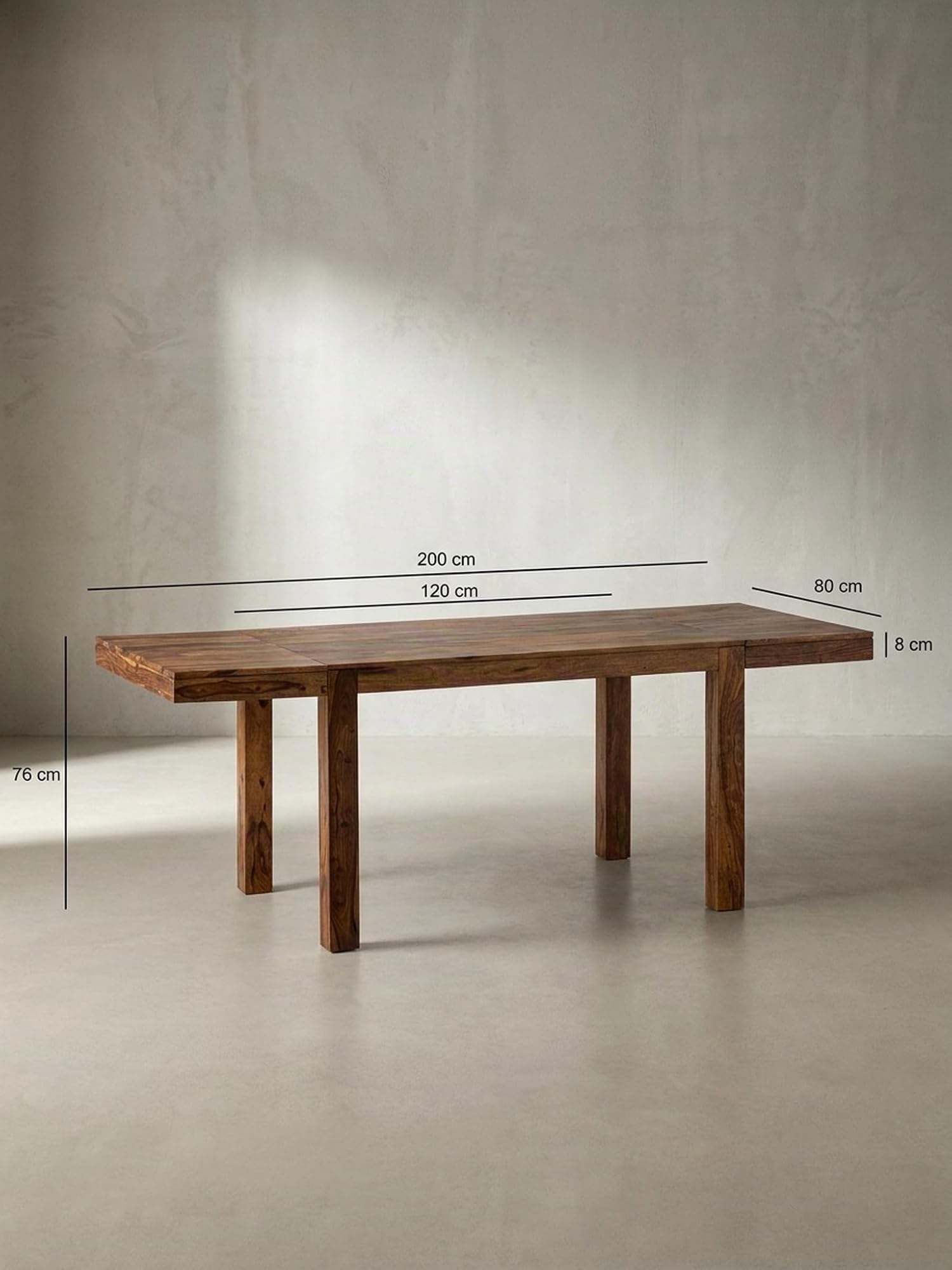 Table de salle à manger, 120-200 cm, en bois massif Sheesham intemporel - Table de cuisine extensible - Table à manger rectangulaire et simple - Table de salle à manger en bois