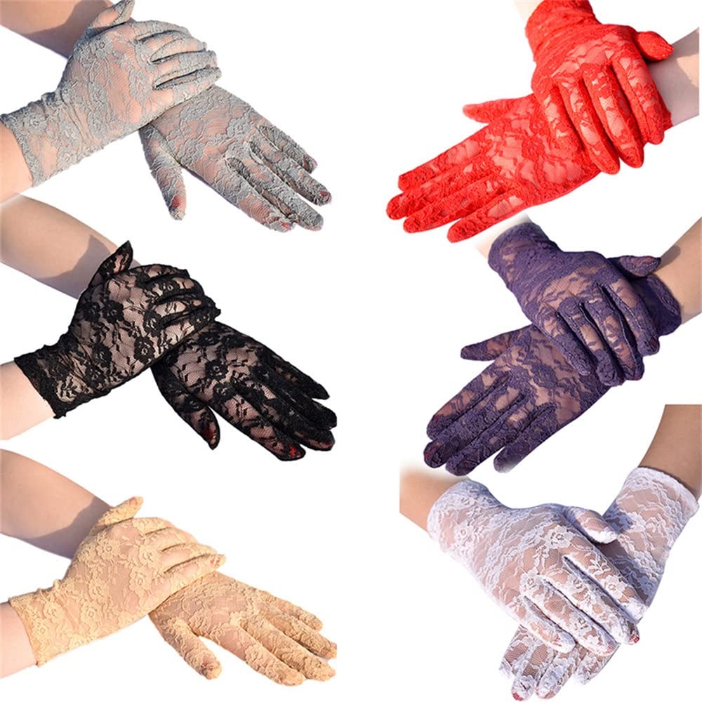 Sepkus Guantes Elegantes Manoplas elásticas Florales Finas Guantes de Tul Cortos de Encaje Sexy para Mujer Transpirables (Rosso 22x9,5 cm)