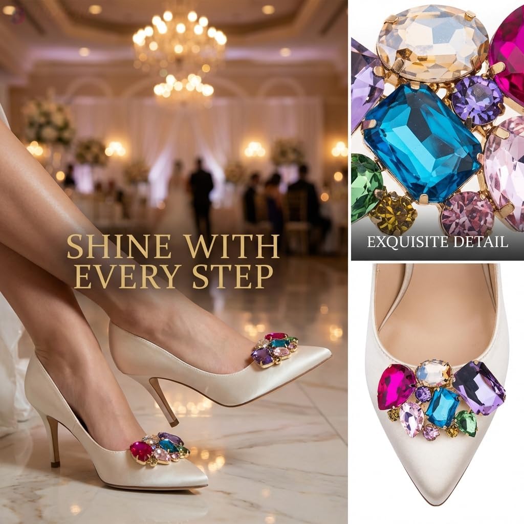 Ruihfas 2Pcs Brilliant Multicolored Crystal Shoe Clips Buckles Rhinestone Removable Decorative Shoes Jewelry Accessories Decoration for Women - Image 2