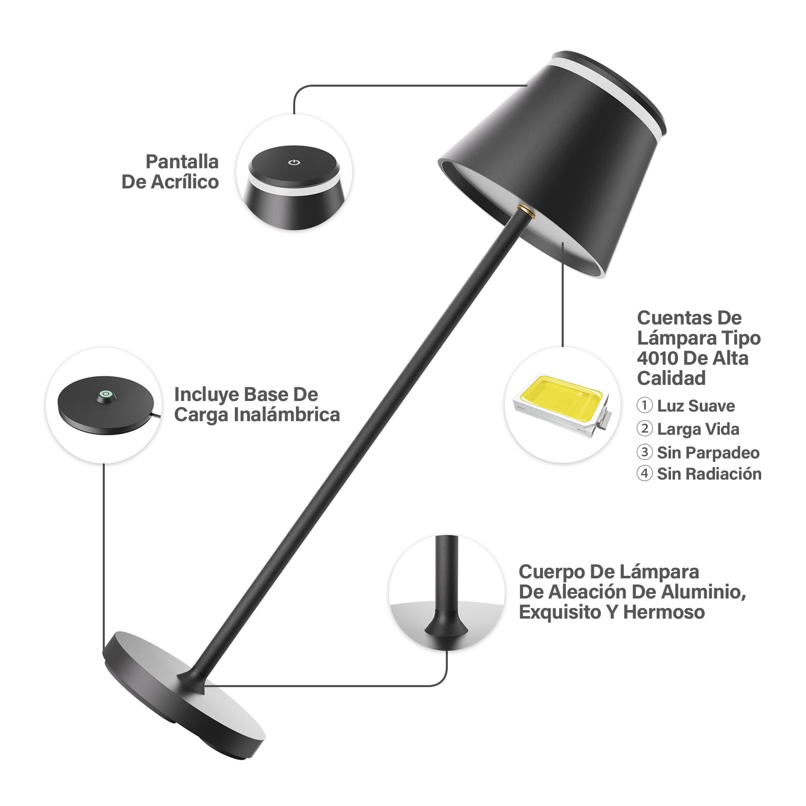 Neoglint Lámpara de Mesa LED Inalámbricas Recargables, Lámpara de Mesita de Noche con Base de Carga Inalámbrica y Control Remoto, con Temporizador
