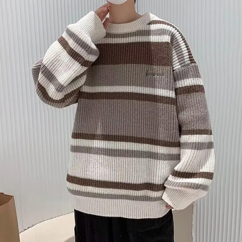 Autumn Winter Men Sweaters Stripe Embroidery Knitting Pullover Korean Streetwear Male Sweater4