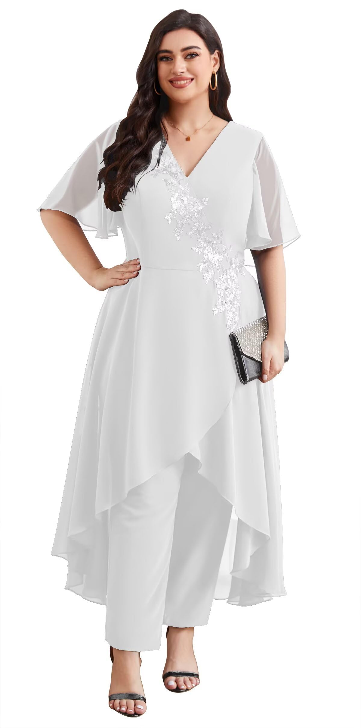 Mother of The Bride Pant Suits for Wedding Guest - Chiffon Lace V Neck Sequins Formal Prom Grandmother