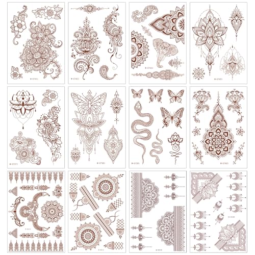 12 Sheets Henna Tattoo Stickers, Mehndi Snake Elephant Temporary Tattoos Waterproof Lace Mandala Flower Design Hand Arm Body Art Stencils Stickers for Women Adults Weddings Party