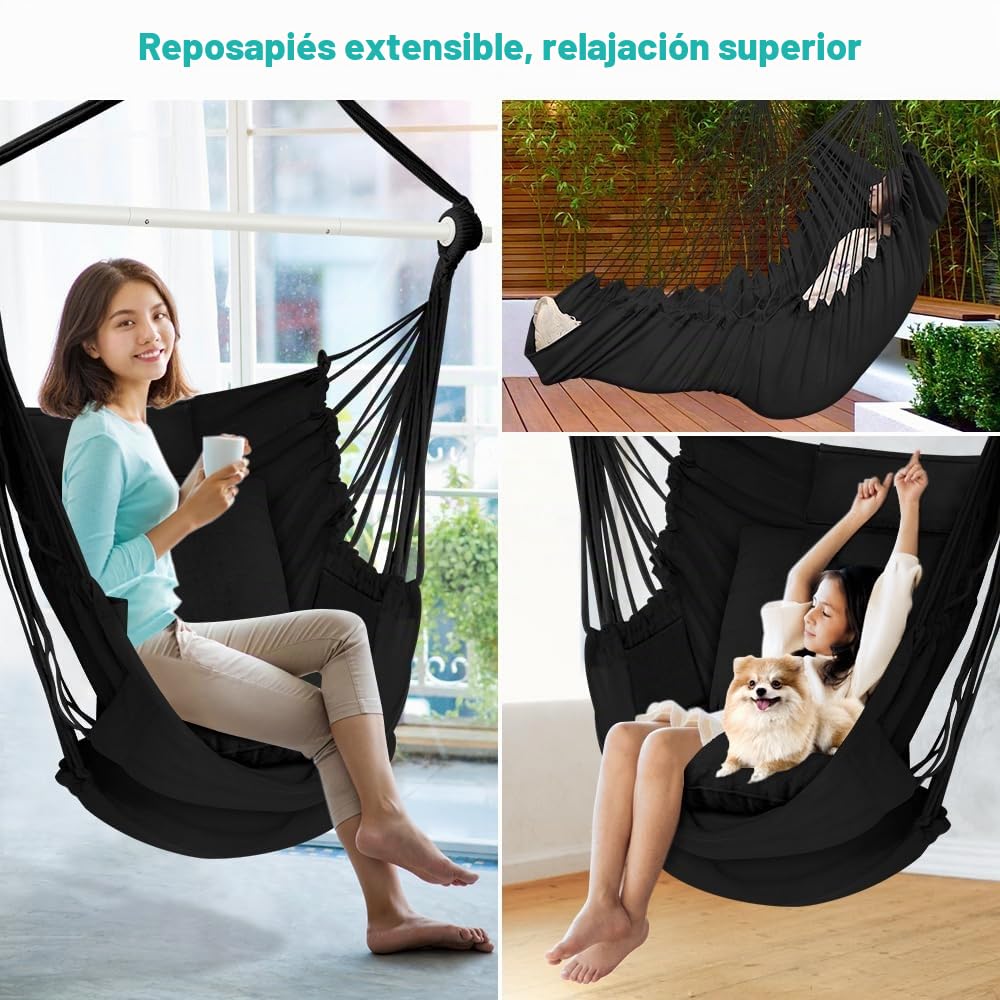 Silla Colgante para Exterior & Interior, Silla Hamaca Colgante con 3 Cojines y Soporte para Reposapiés para Jardin, Terraza, Balcón, Dormitorio, Ofi, Capacidad de Carga de 200kg