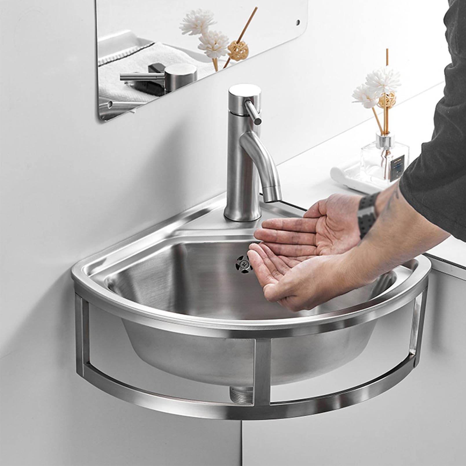 Lavabo angolare da parete in acciaio inox con rubinetto, moderno lavabo per bagno o bar, design salvaspazio per camper e piccoli spazi