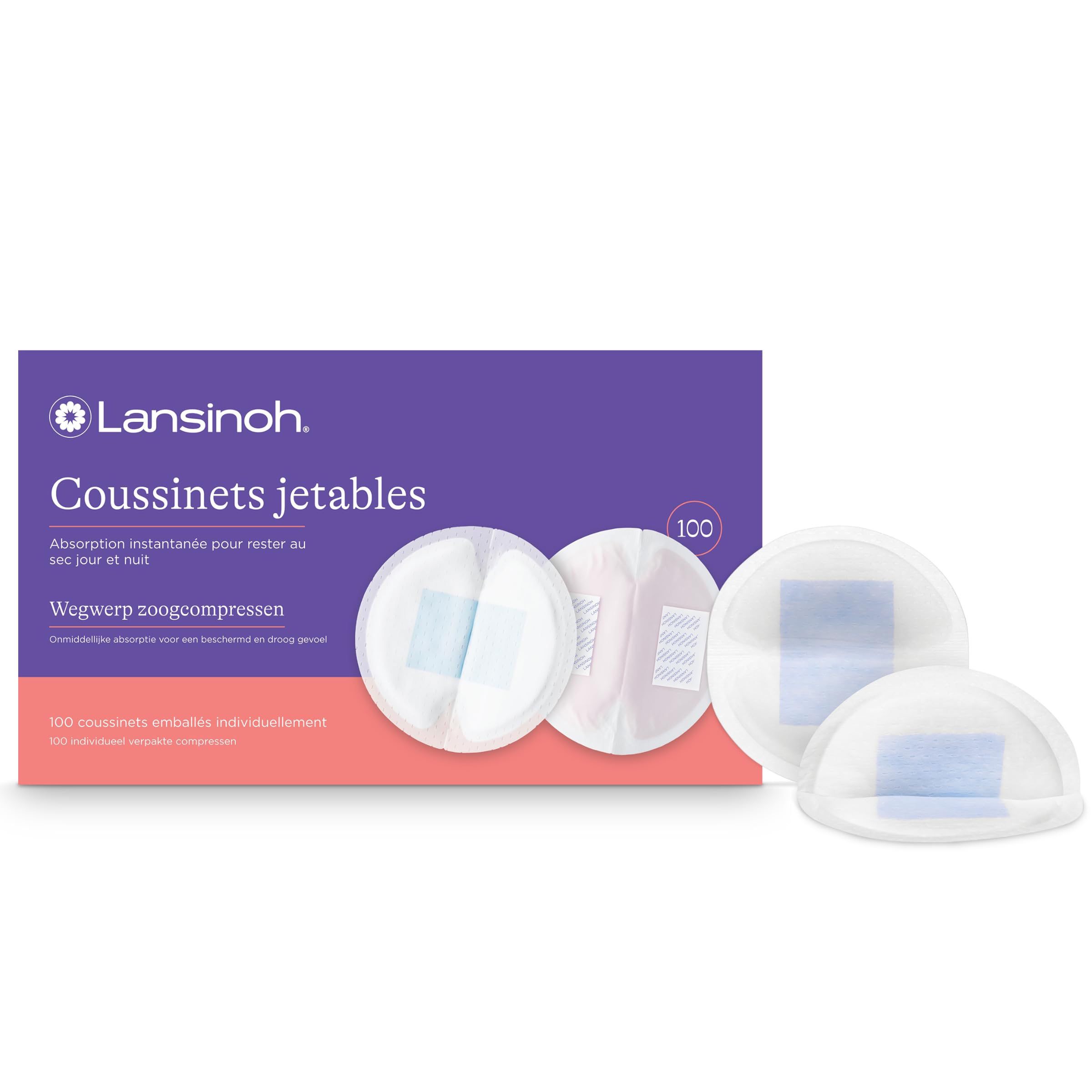 Lansinoh | Coussinets d'Allaitement Jetables x100 - Ultra Absorbants Anti-​Fuites - Ultra Fins & Discrets sous Vêtements - Voile Doux Respirant - Maintien Adhésif Jour & Nuit - Peaux Sensibles