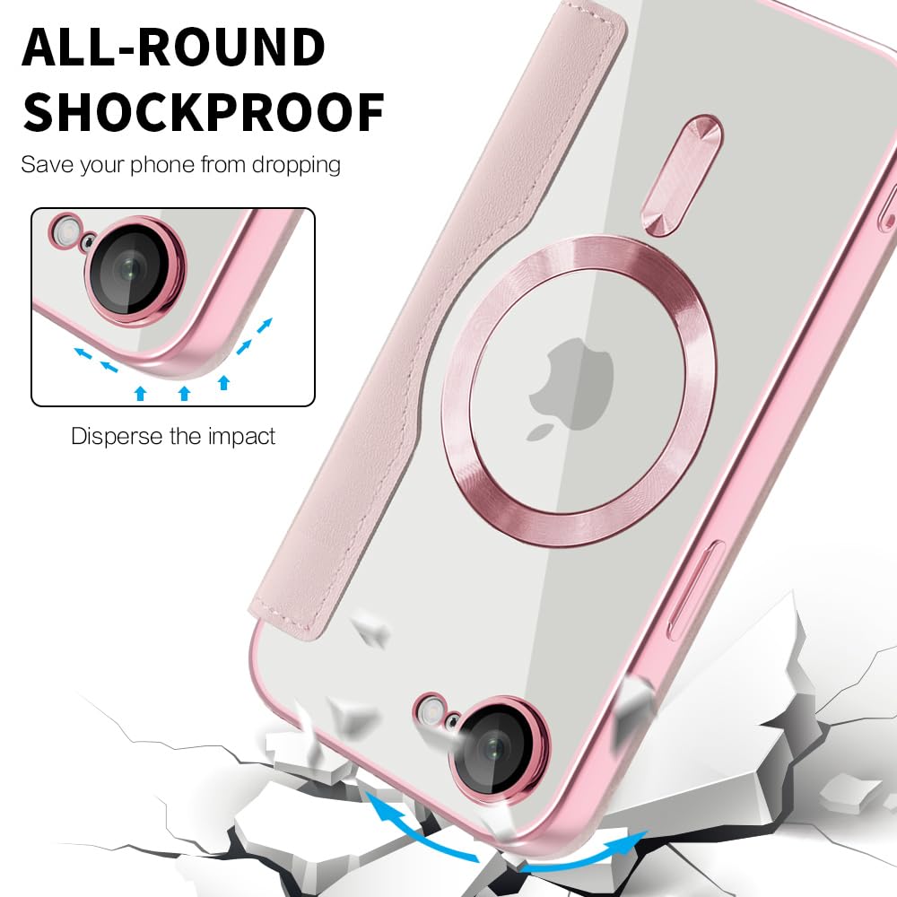 Coque Magnétique pour iPhone 16E / 17E Compatible avec MagSafe, RFID Blocage, Dos Transparente Antichoc Flip Étui en Cuir Portefeuille avec Cartes Housse Case pour iPhone 17E, Rose JD