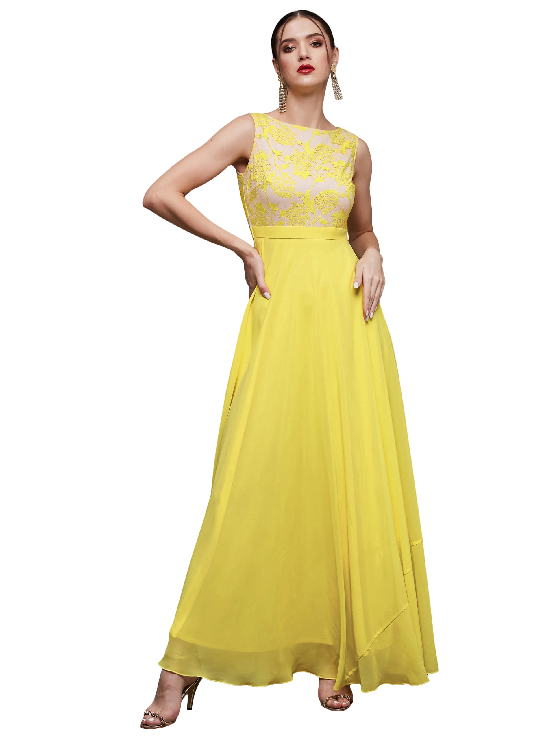 Miss Chase Women's Round Neck Sleeveless Georgette Floral Lace Fit & Flare Maxi Dress Light Yellow