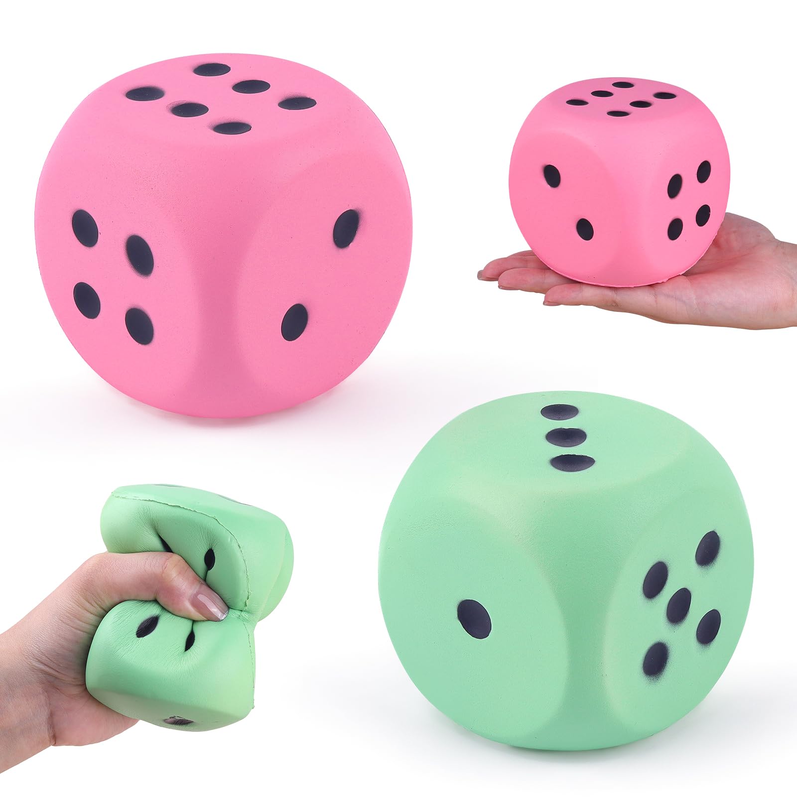 Anboor 2 Pcs Large Foam Dice for Adults Kids - 3.54" Jumbo Big Dice Giant Soft Fun, Colorful Dices for Game Nights & Classroom Activities (Green & Pink)