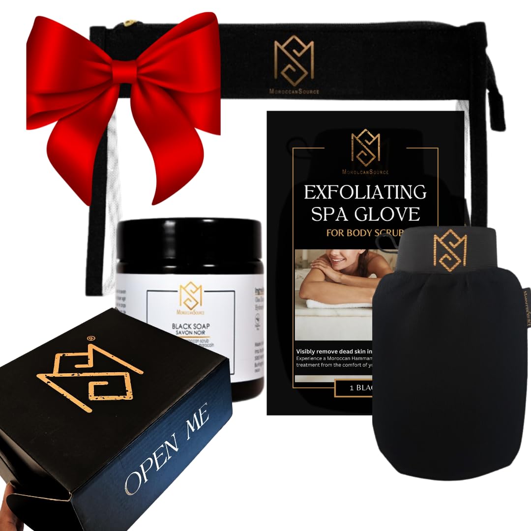 MS Moroccan Black Soap and Exfoliating Glove Kit for Body Scrub - Dead Skin Remover And Deep Pore Cleanser - incl.