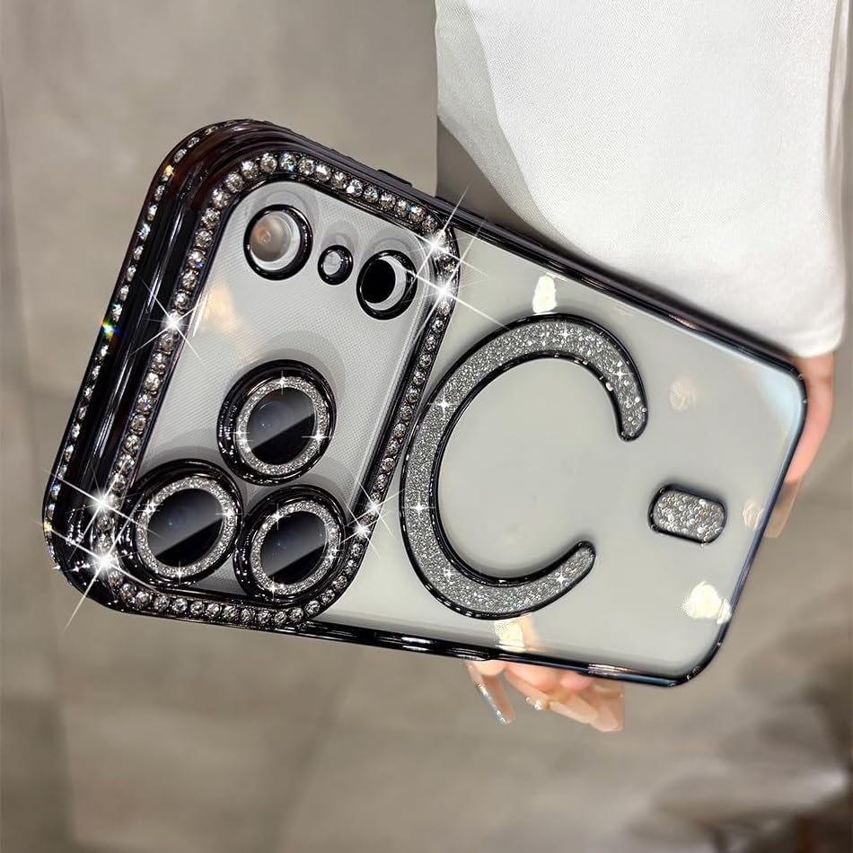 Image of for iPhone 17 Pro Max Magnetic Glitter Case,Luxury Bling Rhinestone Diamond Plated Bumper Case Sparkle Camera Lens Protection Clear Cover for iPhone 17 Pro Max (Black)