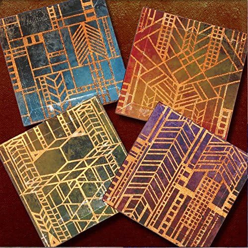 Prairie Style Copper Foil Window Coasters - 4 or 5 Inch Square Handmade Beveled Glass Copper FOILZ Coasters - City Lights