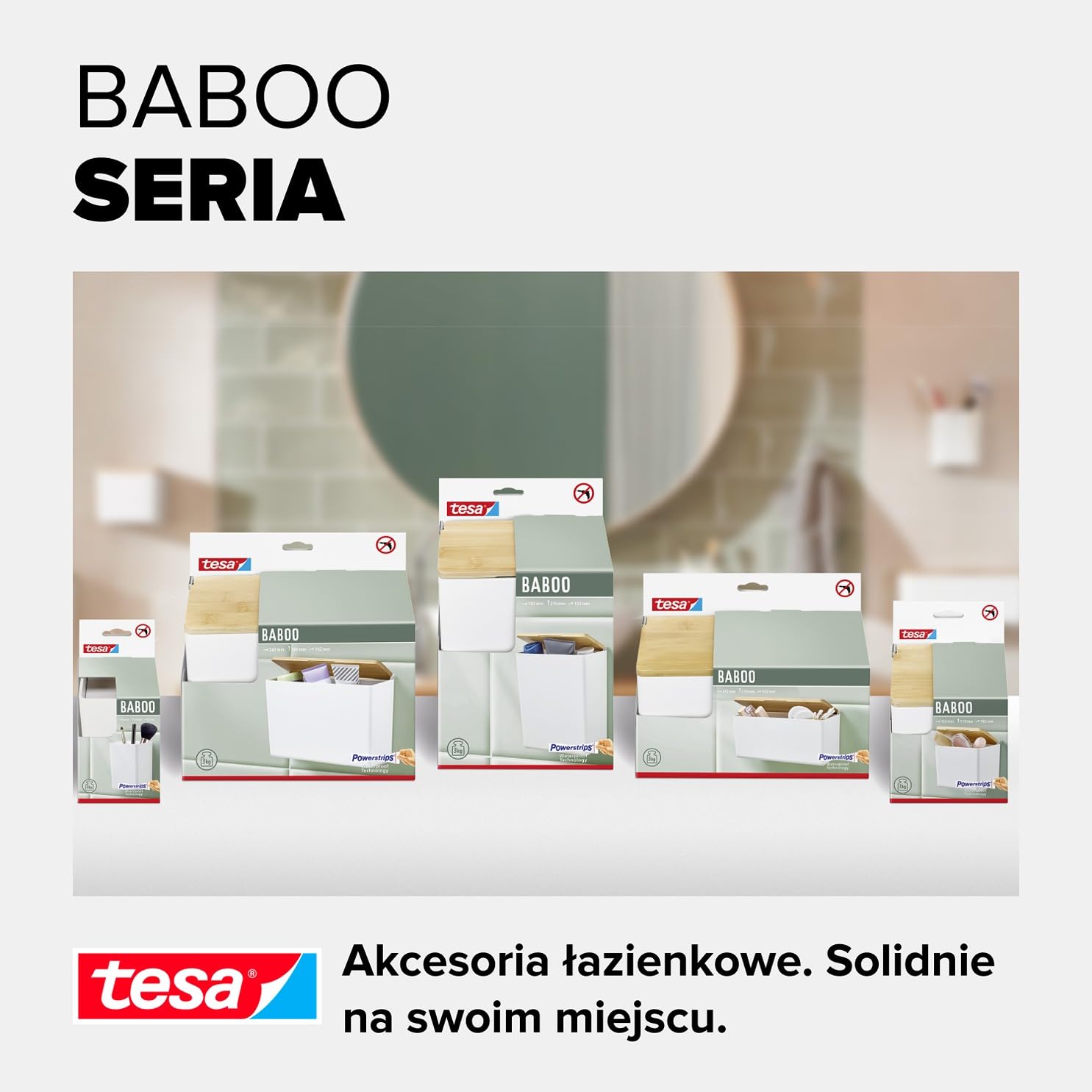 tesa Baboo Organizer Łazienkowy L z Bambusową Pokrywą, Matowy Biały, Pojemnik do Łazienki, Montaż bez Wiercenia, Plastry Montażowe tesa Powerstrips Waterproof XL, 182 mm x 210 mm x 102 mm
