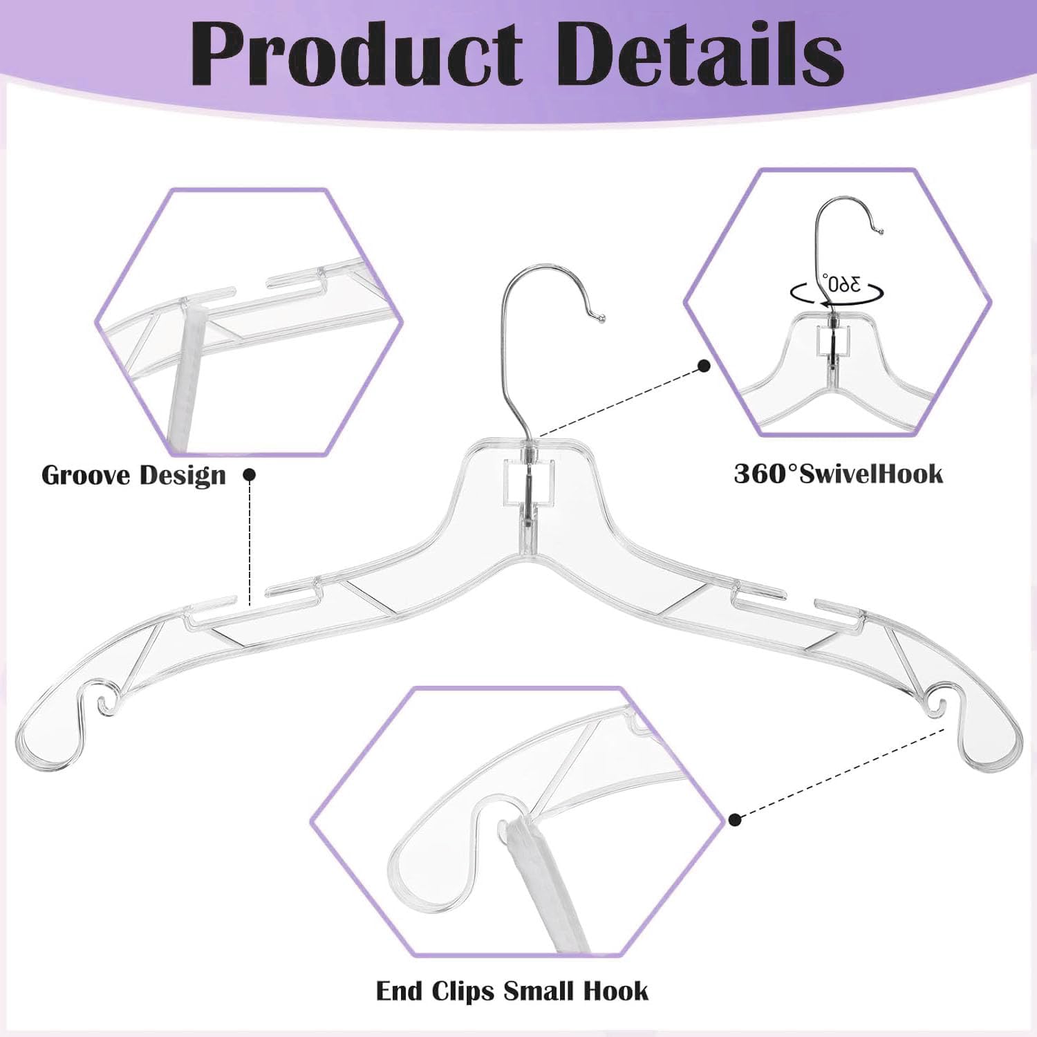 12 Pack Clear Plastic Hangers,Clear Hangers with 360 Swivel Metal Hook,Shirt Hanger Coat Hangers,Heavy Duty Hangers Dress Hangers for Clothes Shirts Dresses,16.7 Inch - Image 3