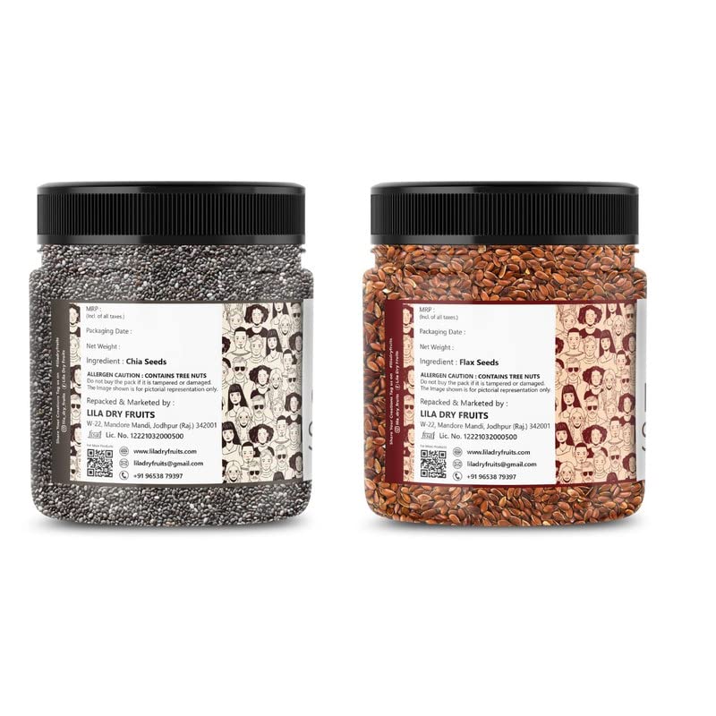 Image of LILA DRY FRUITS Chia & Flax Seeds Combo for Healthy heart, Restful sleep, Boosted energy and Weight management Immunity Booster Diet Food 100gms each Jar Pack (200g total)- Perfect for Gifting