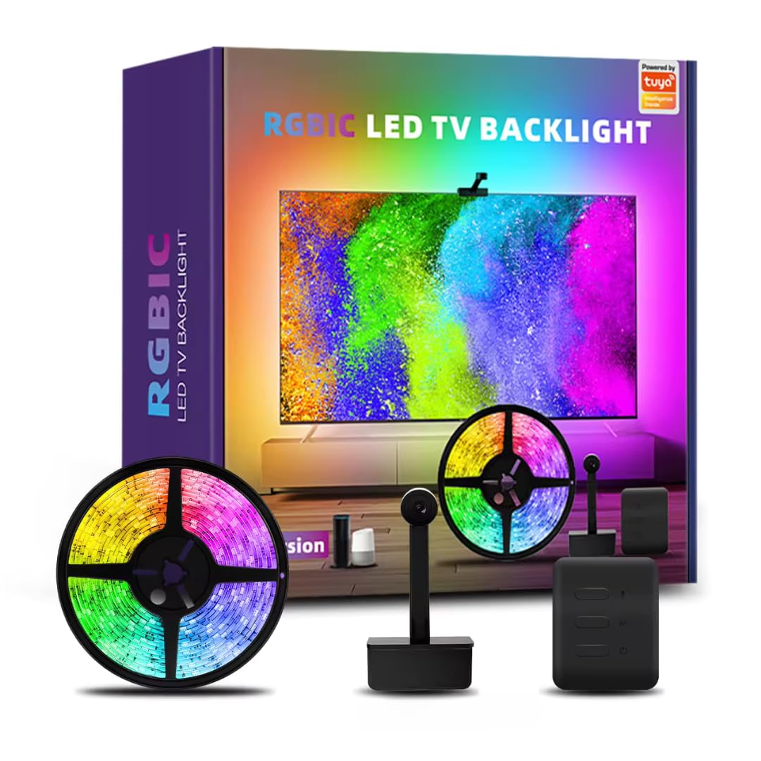 SPACE DOG Retroilluminazione TV LED Smart con fotocamera, sincronizzazione per TV da 140-165 cm, lunghezza 3,8 m, striscia LED TV Wi-Fi RGBICW, controllo vocale e app (3,8 m (per TV da 140-165 cm))