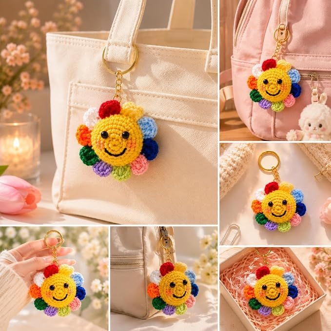 Image of Handmade Crochet Keychain Combo for Girls Women Cute Aesthetic Sunflower Strawberry Watermelon Daisy Knitted Keychain Bag Charm Purse Charm Car Key Ring Backpack Accessories Gift