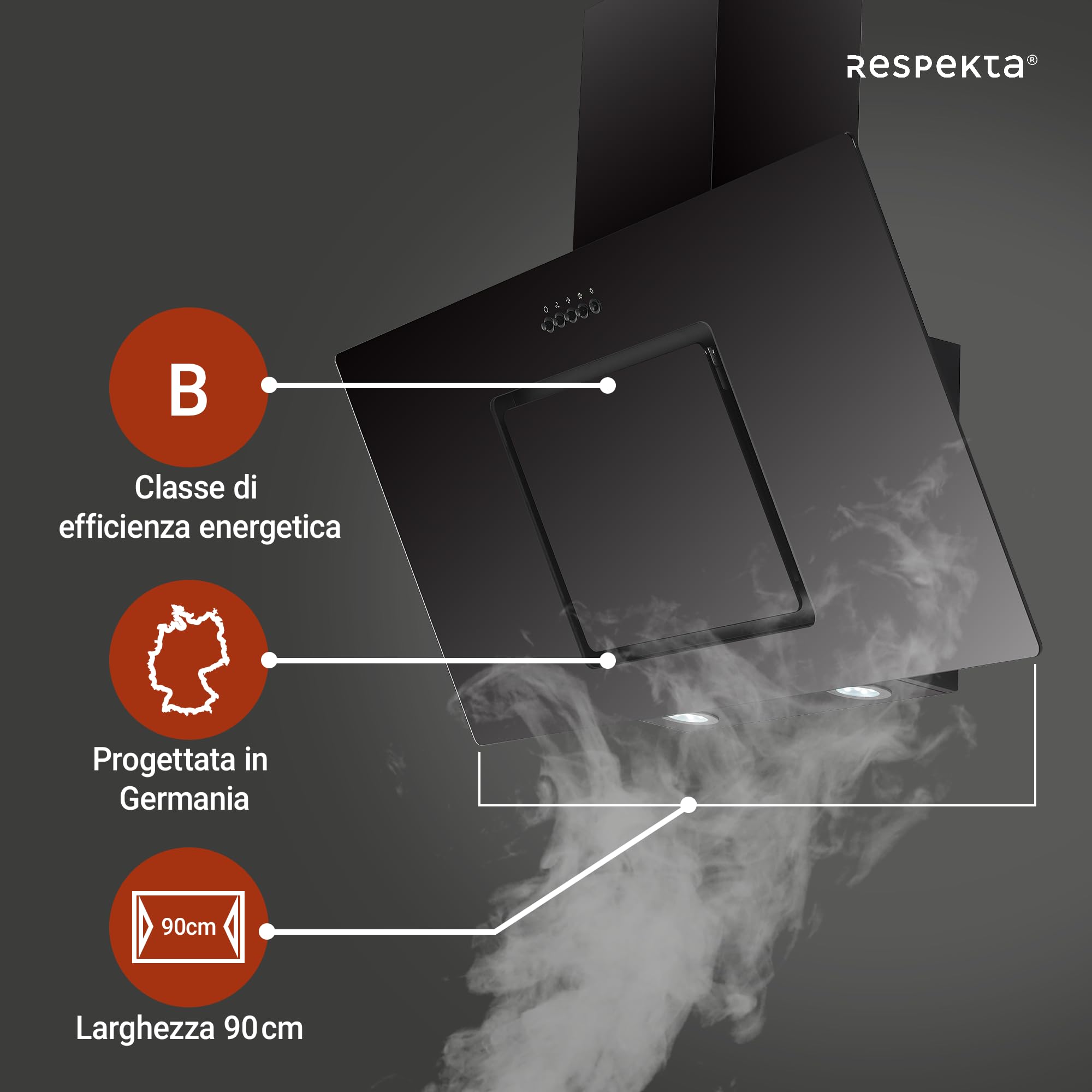 Respekta Cappa cucina inclinata con spazio per la testa | Cappa cucina verticale 90 cm | Scocca in metallo con vetro nero | Funzione di scarico e ricircolo | CH22010|90SBZ | B | 54 – 62 dB