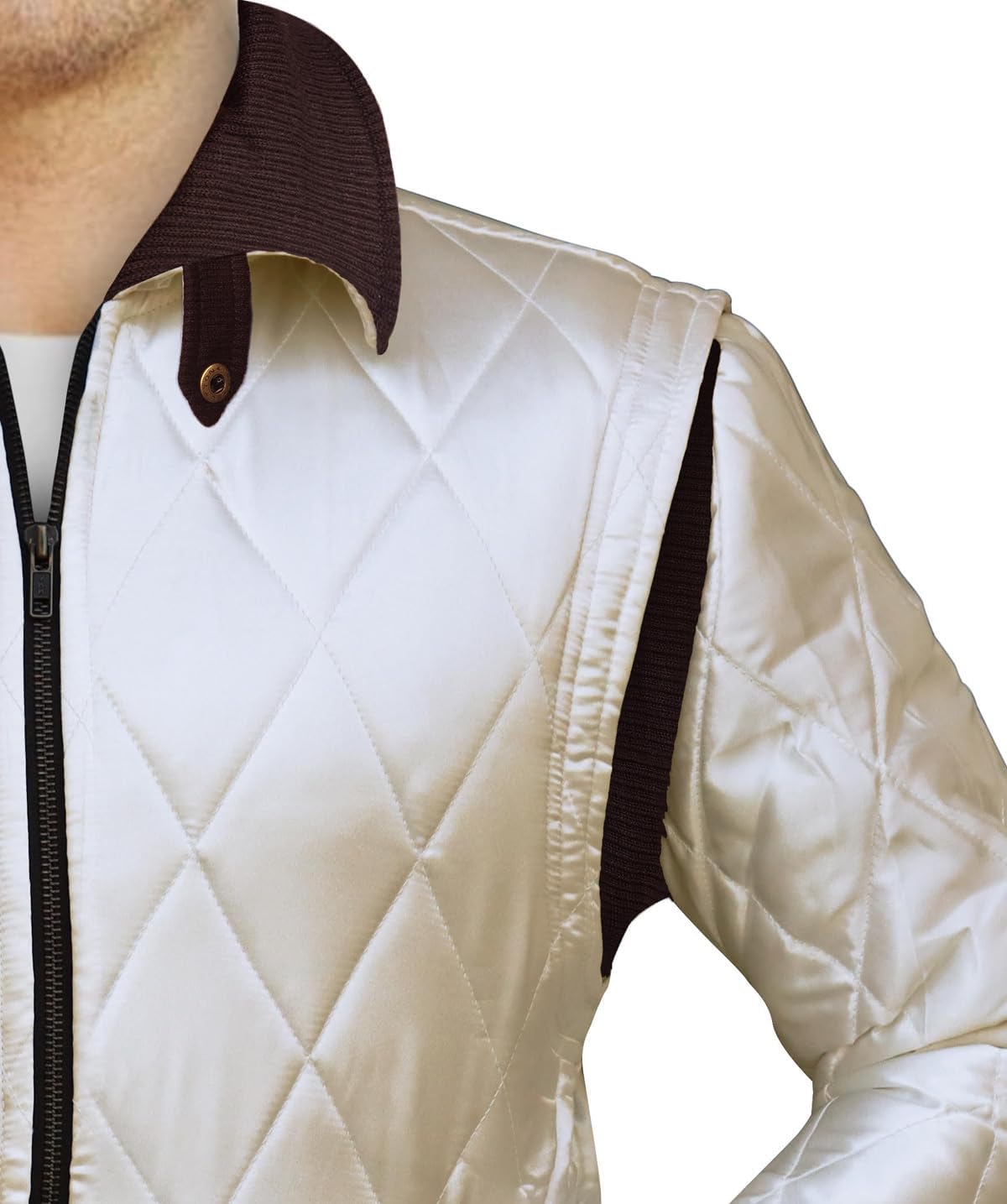 OBX Fashion Mens Quilted Satin Ivory White Golden Embroidery Bomber Jacket - Image 5