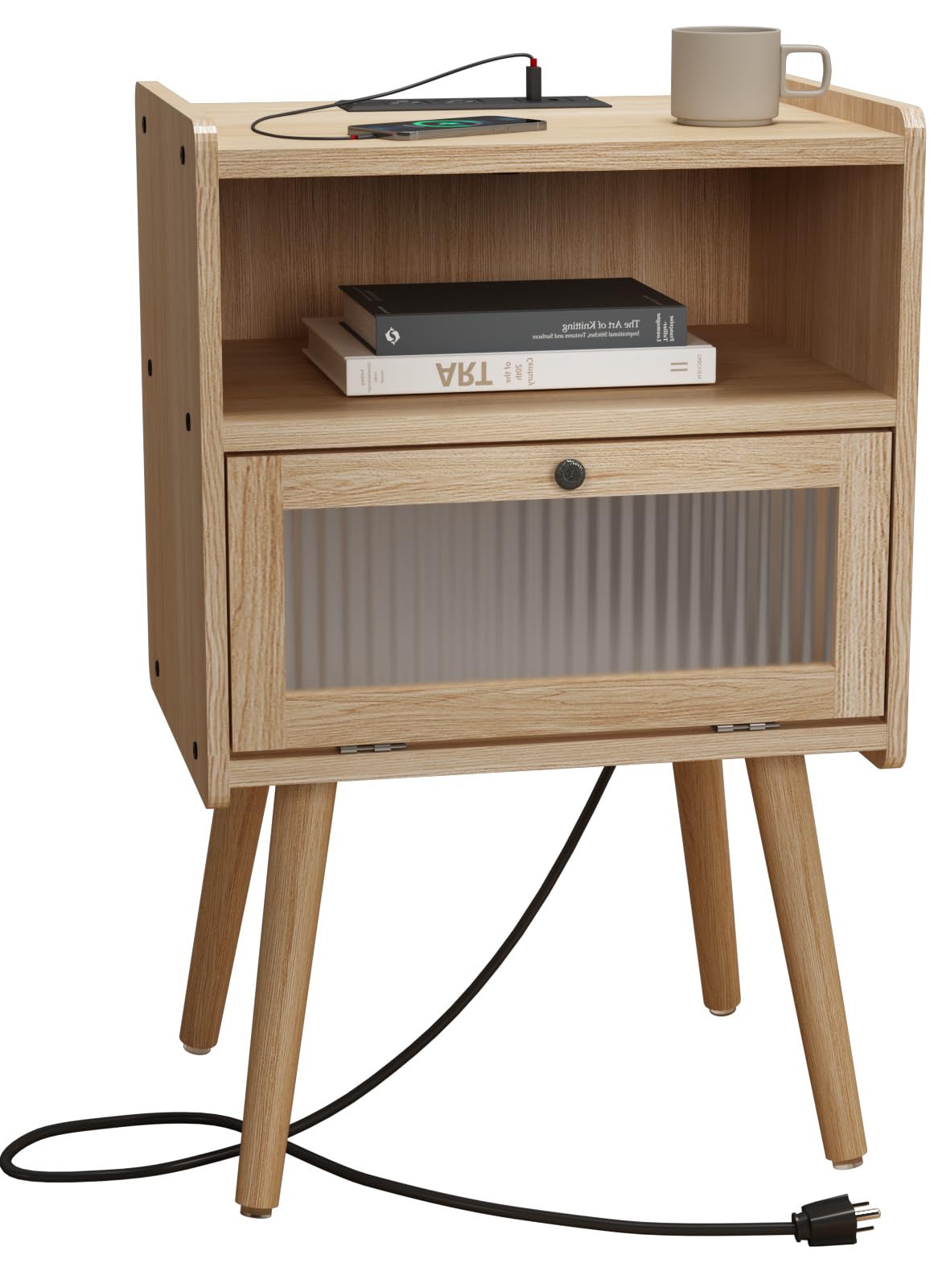 Mid Century Modern Nightstand with Charging Station, Bedside Tables with Glass Door, End Table Side Table with 2 Tiers Storage Space, for Bedroom, Living Room, Natural