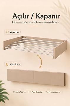 Belize Duvara Monte Çamaşır Kurutma Askısı, Metal, Katlanır, Cappuccino - 120 cm