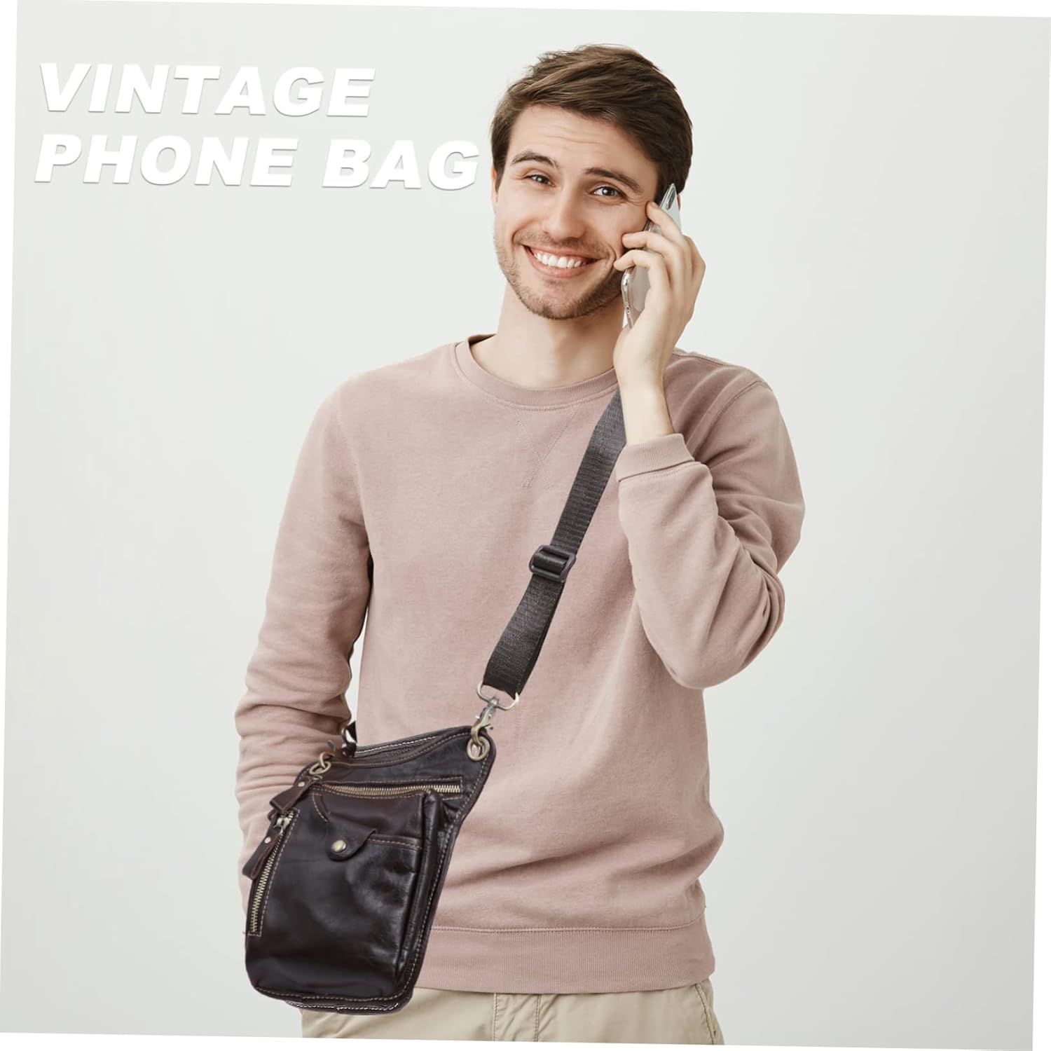 Men's Vintage PU Leather Phone Bag Retro Cycling Waist Pack Outdoor Sports Pouch Adjustable Strap for Hiking and Travel
