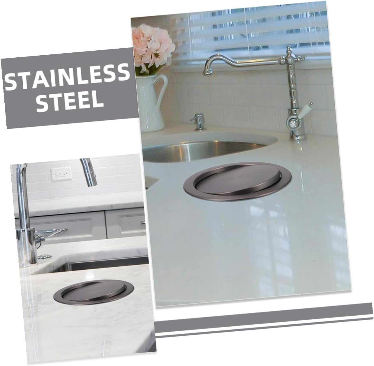 Built-in Stainless Steel Kitchen Countertop Trash Can Lid with Auto Flap, Recessed Garbage Bin Cover, Gray Swing Top Lid for Home and Bathroom Use,