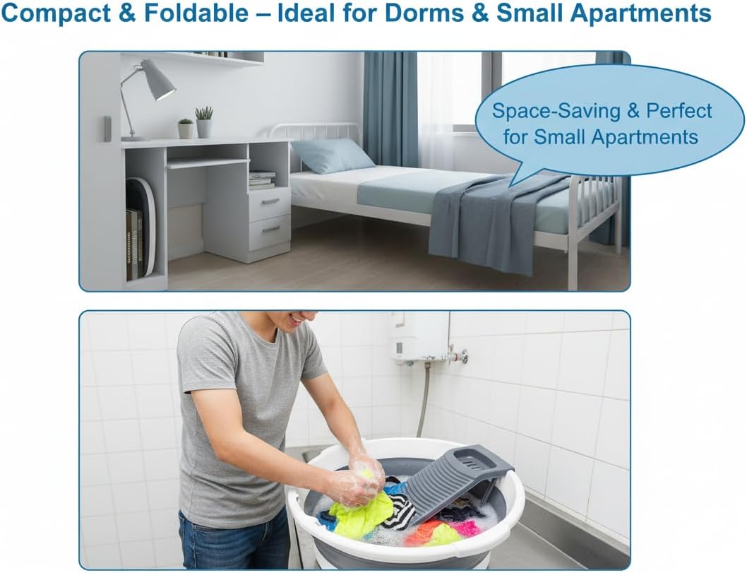 Washboard Basin for Hand Washing Clothes, Large Collapsible Wash Basin with Detachable Scrubber, Portable Laundry Tub for Underwear, Travel, Camping, RV & Small Space Living (Grayish-white)