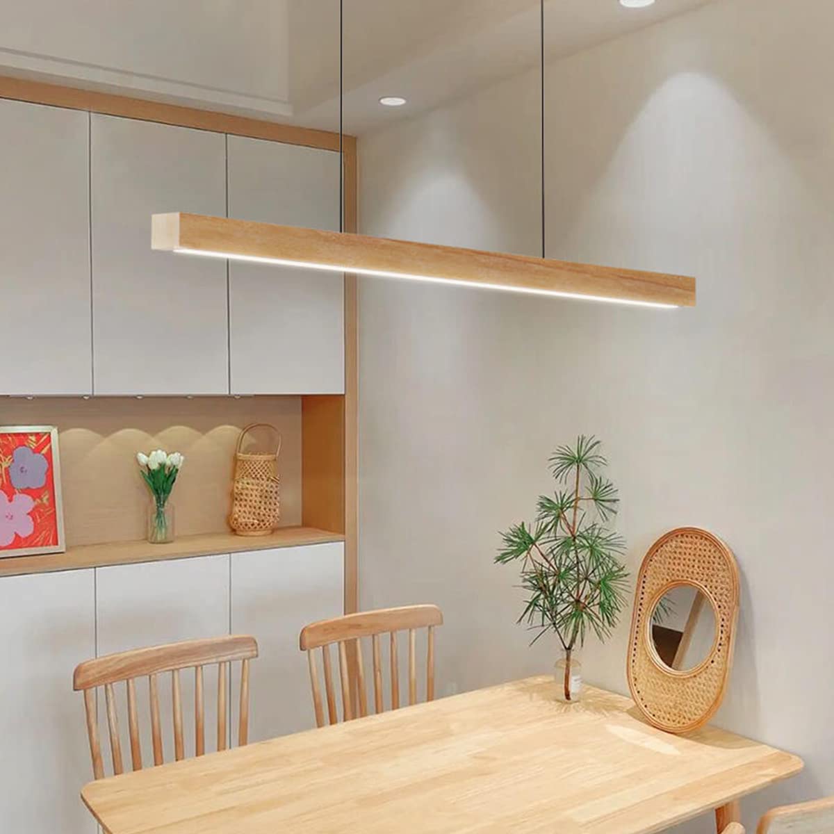 Lampa wisząca Drewniana lampa wisząca LED Nowoczesna, ściemniana lampa wisząca o liniowym kształcie z pilotem Lampa wisząca na stół do jadalni Regulowana wysokość Lampa biurowa do jadalni interesting