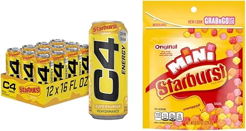 Bebida energética C4 de Cellucor STARBURST Lemon Bebida carbonatada sin azúcar para antes del entrenamiento 16 onzas Paquete de 12 unidades