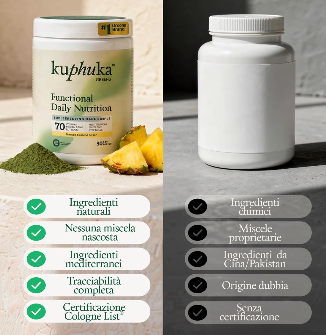 GREENS - Superfood Polvere (411g) con +70 estratti vegetali, supercibo, vitamine, minerali, probiotici, spirulina, Ashwagandha, clorella - 100% naturale (411gr, Ananas e Coco)