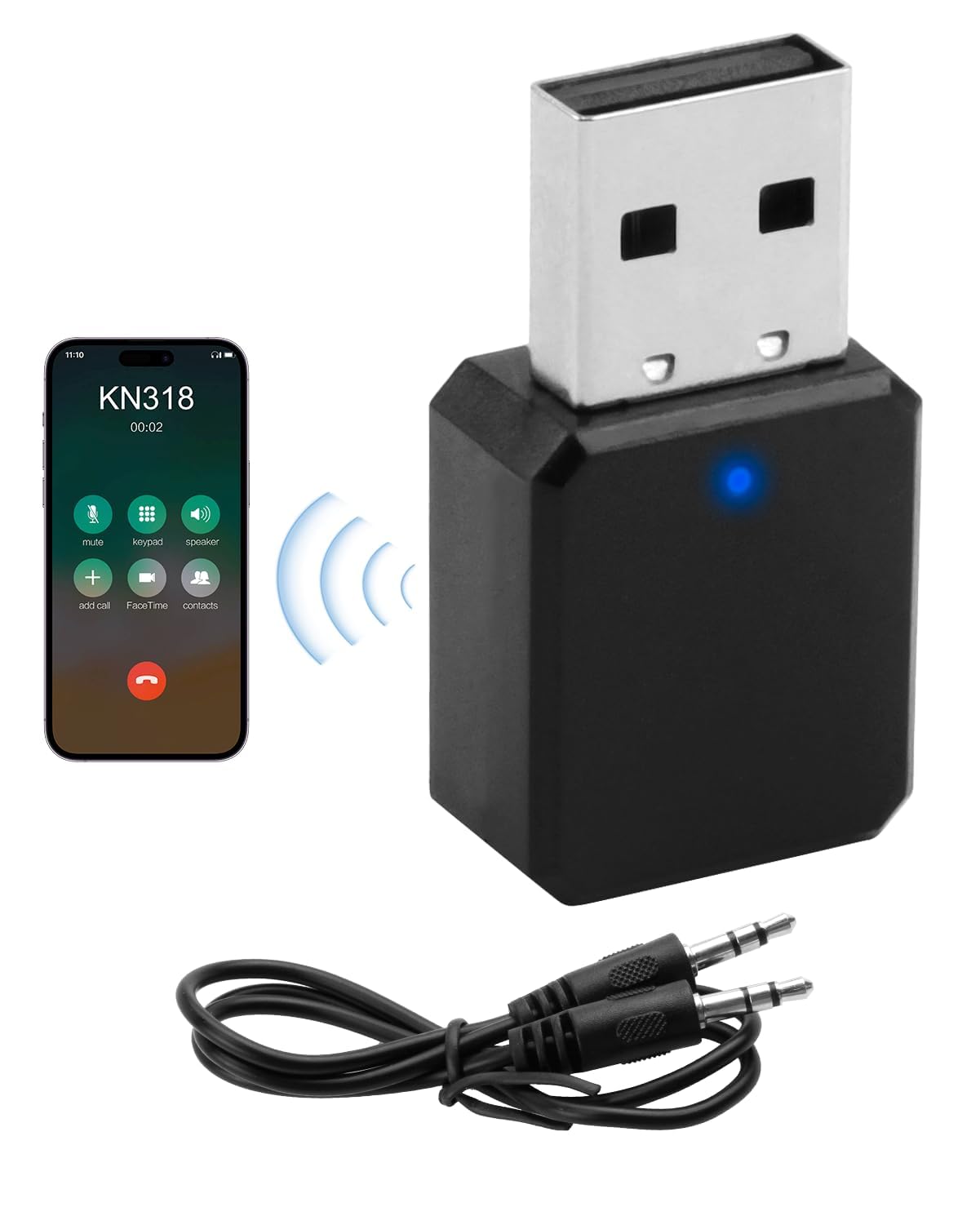 Bluetooth 5.1 USB Car Adapter with AUX and USB Output, Plug and Play Bluetooth Receiver with 3.5mm Audio Cable for Speakers and Hands-Free Calls