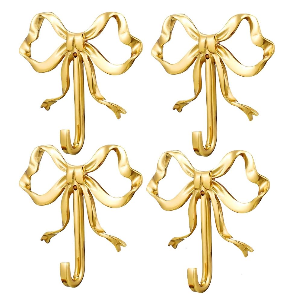 CTRLZS 4 Pcs Valentine'S Day Wall Decor Gold Bow Knot Hooks Brass Bow Wall Door Hanger Towel Hooks Brass Coat Hanger Holder