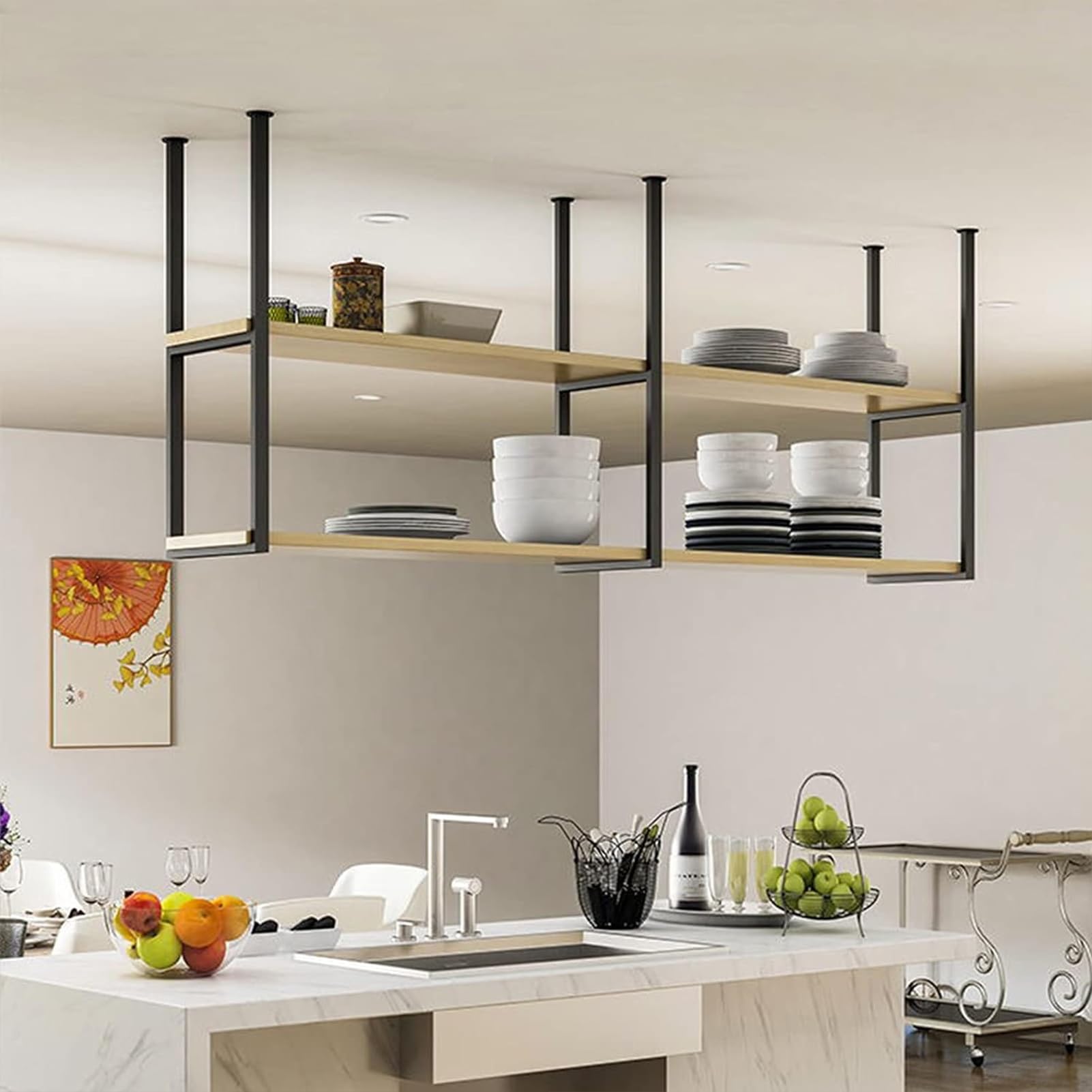 Étagère de plafond flottante en bois noir, le support idéal pour sublimer votre bar de cuisine