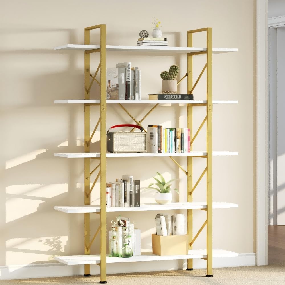 DWVO 5 Tier Gold Bookshelf, 70.9" Tall Book Shelf and Bookcase, Vintage Large Open Storage Rack Shelves for Living Room/Bedroom/Home/Office, Gold & White - Image 3