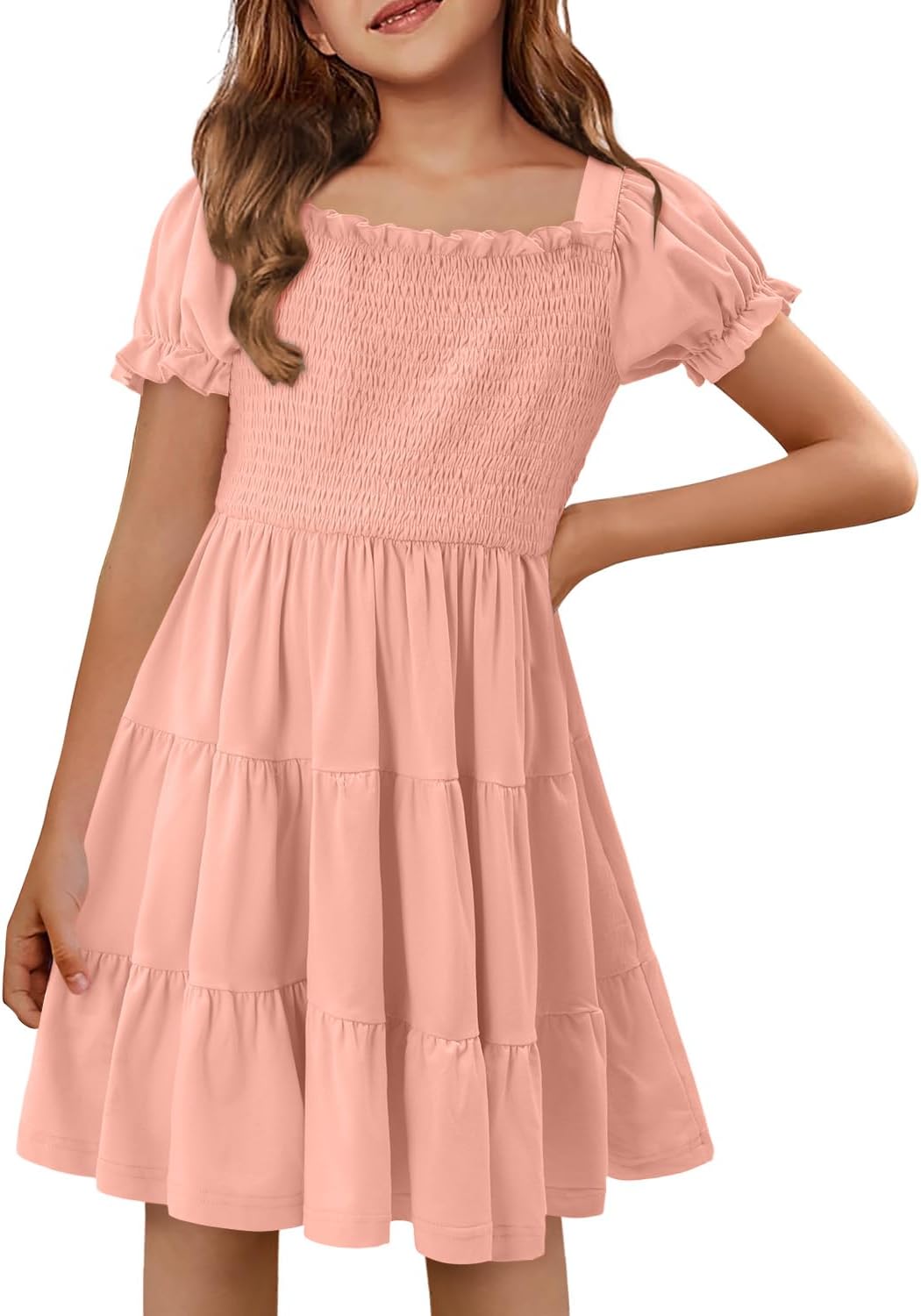Yoklass Girls Casual Smocked Dress Square Neck Puff Short Sleeve Ruffle Dresses 4-13 Years - Image 2