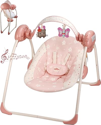 Columpio para bebés de Tiny Marvels, columpio portátil con velocidad adaptable, música, barra de juguetes removible, columpio plegable para bebés