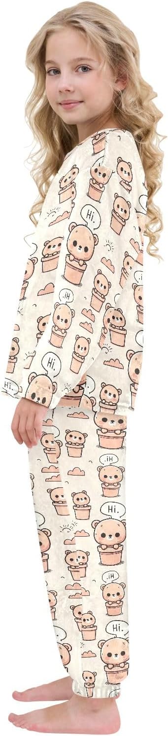 Kids Flannel Sets Cute Bear Saying Hi Warm Plush Relaxed Clothing for Boys and Girls
