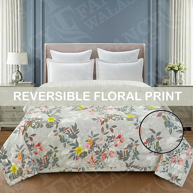Image of Dohar Single OR Double Bed 100% Cotton Blankets for Summer 150GSM Ac Comforter and Cooling for Summer Classic Printed Design Quilt Ideal for Gifting (Gray Flower Design, Double Bed)