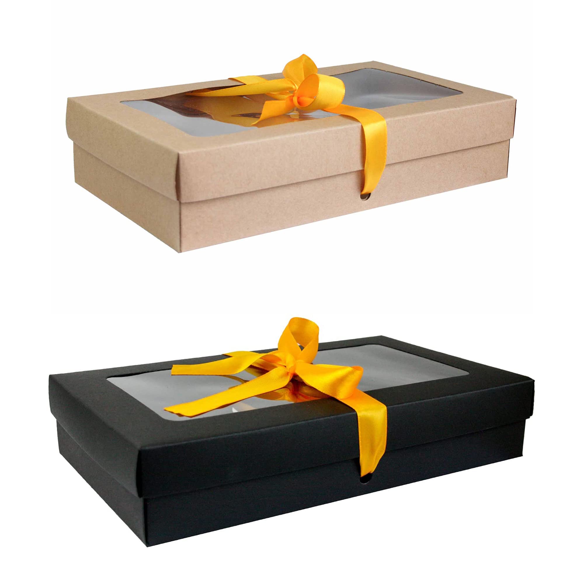 Emartbuy Pack of 12 Black and Brown Gift Boxes with Clear Window Lid & Yellow Satin Ribbon - Small 21.5 x 13.5 x 4.5 cm - Recyclable Kraft Presentation Box for Hampers, Treats, Weddings & Favours