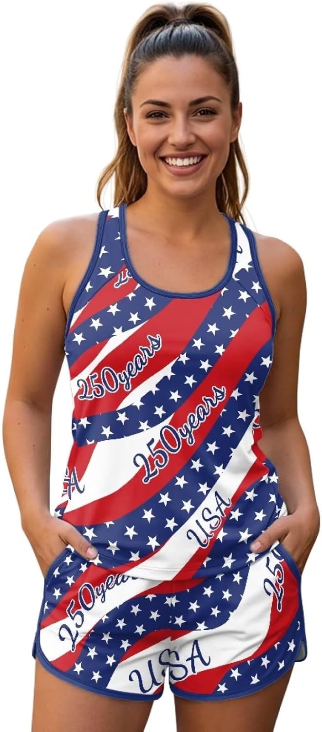 Two Piece Tankini Swimsuits for Women, Tummy Control Bathing Suit with Shorts, Athletic Swimwear with Pockets