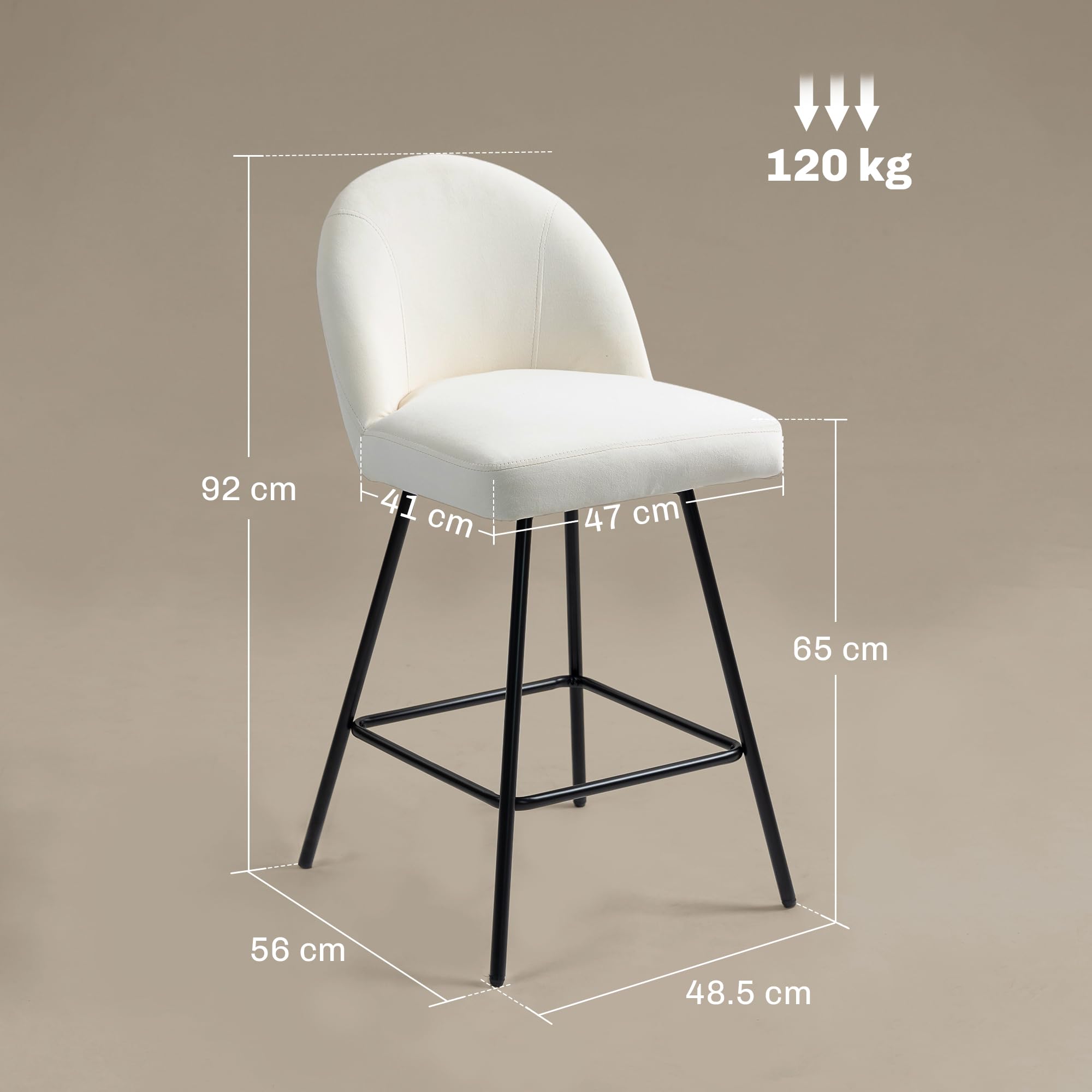 HOMCOM Set 2 Sgabelli da Bar con Poggiapiedi, Sedie Alte con Schienale in Velluto per Bancone Bar e Isola da Cucina, 48.5x56x92 cm, Bianco Crema
